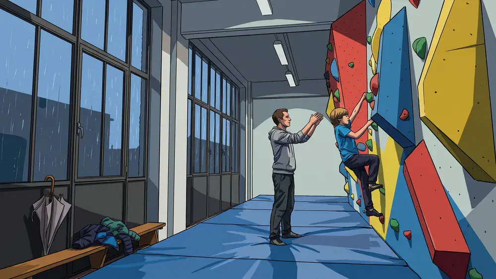 Boulderbar in Wien – Erwachsener und Kind bouldern an einer bunten Wand, während Regen an den Hallenfenstern herunterläuft