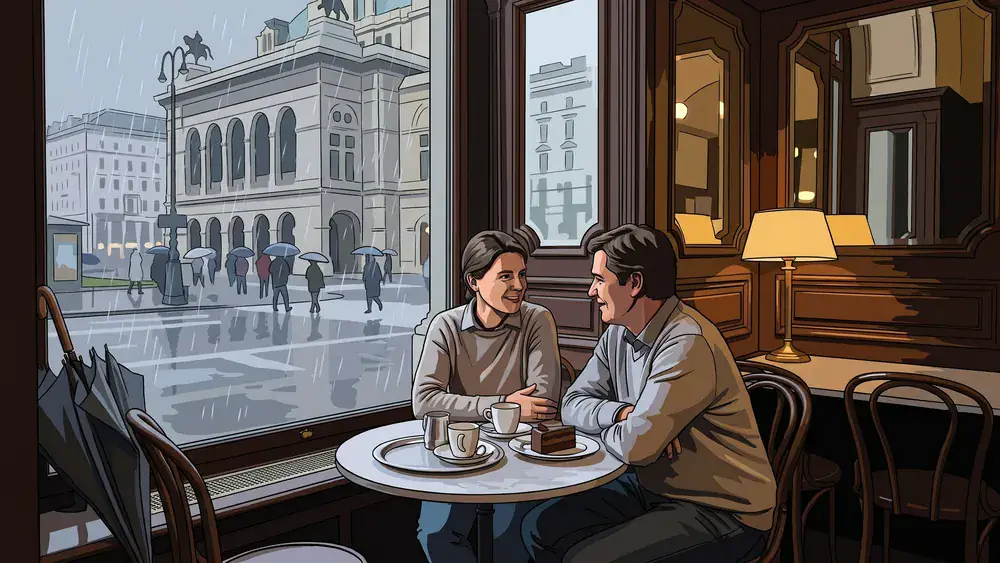 Café Landtmann in Wien – Zwei Personen mit Melange am Kaffeehausfenster, draußen läuft Regen an der Scheibe herunter