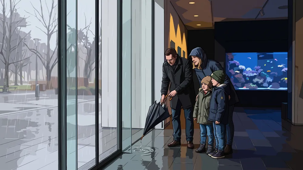 Haus des Meeres in Wien – Familie mit nassem Schirm an der Glasfront, dahinter leuchtet ein blaues Korallenriff-Aquarium