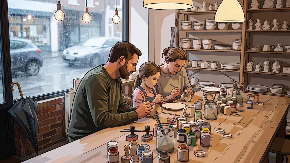 Made by you in Wien – Familie bemalt Keramik am Studiotisch, draußen läuft Regen am Schaufenster herunter