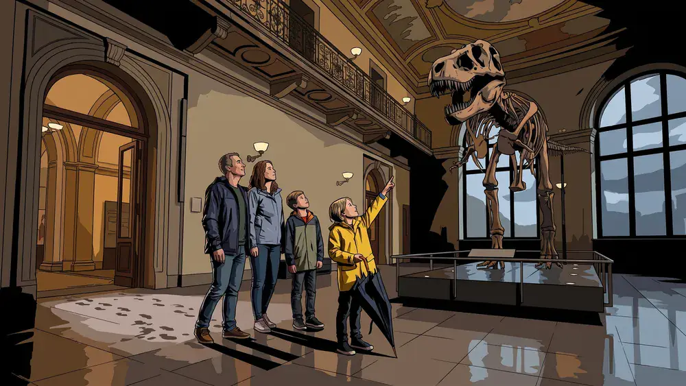 Naturhistorisches Museum Wien – Familie betrachtet ein vollständiges Diplodocus-Saurierskelett im Prachtsaal