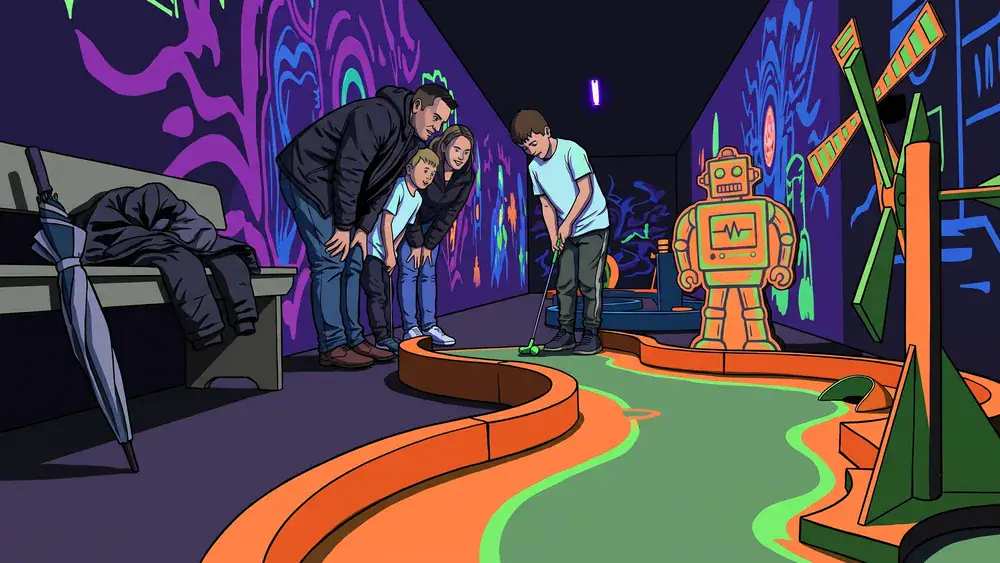 Schwarzlicht Minigolf in Wien - Erwachsene spielen mit 3D-Brillen Minigolf in leuchtender Neonwelt
