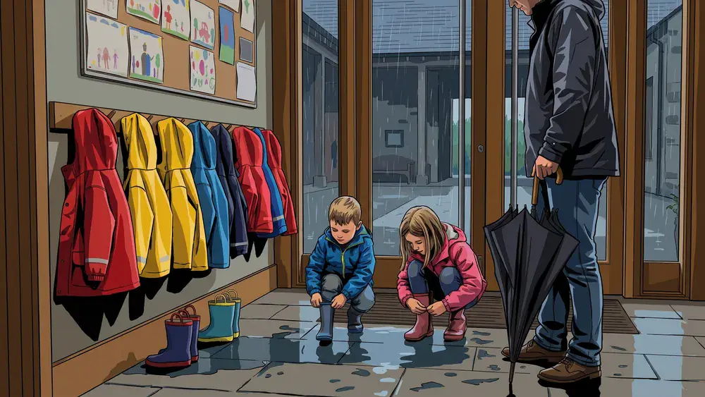 ZOOM Kindermuseum in Wien – Kinder ziehen am Museumseingang nasse Regenjacken und Gummistiefel aus