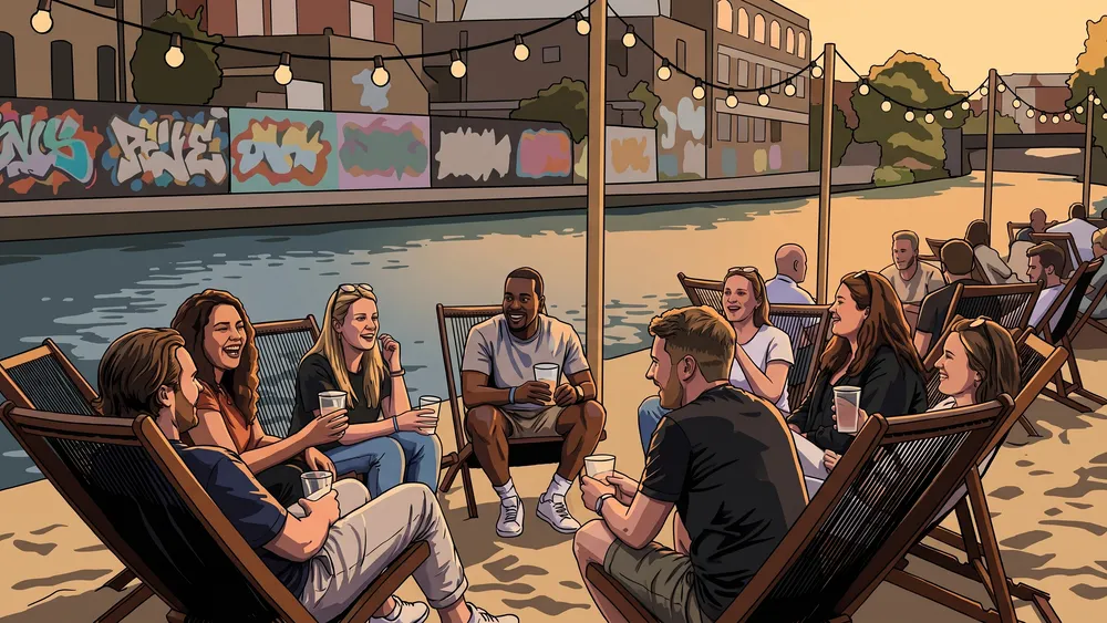 Donaukanal in Wien – Polter-Runde sitzt mit Drinks im Sand der Strandbar
