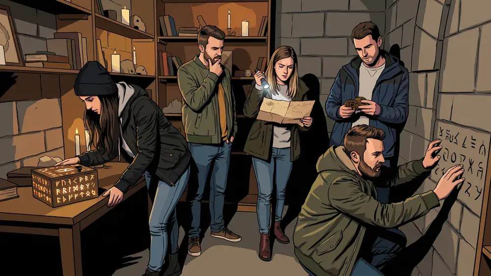 Escape Room in Wien – Polter-Team sucht konzentriert nach Hinweisen im Themenraum