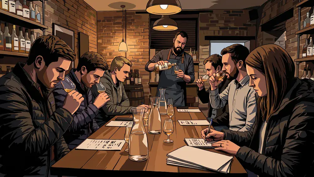 Whisky-Tasting in Wien – Polter-Runde verkostet Single Malts am Holztisch bei Potstill