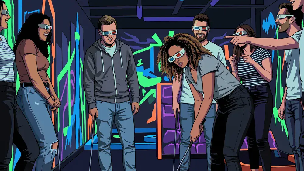 Schwarzlicht Minigolf in Wien – Polter-Gruppe spielt mit 3D-Brillen durch die Neon-Bahnen