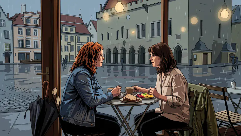 Café Schönborn in Würzburg – Zwei Personen frühstücken am Fenstertisch, während Regen an der Scheibe herunterläuft