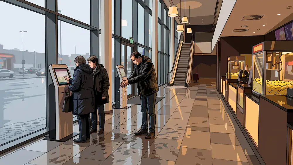CinemaxX Würzburg – Drei Personen am Ticketautomaten im Kinofoyer, während Regen an der Glasfront herunterläuft