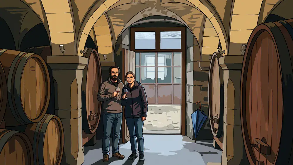 Staatlicher Hofkeller in Würzburg – Weinprobe im Gewölbekeller, draußen an der Kellertür regnet es