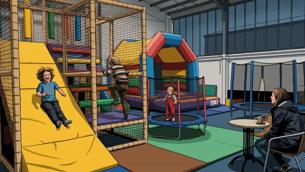 Fun-Park Kinderland in Würzburg – Kinder rutschen und klettern in der Halle, während der Regen an den hohen Fenstern herunterläuft