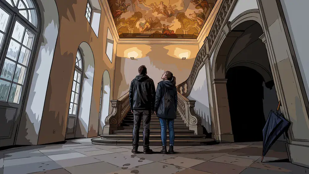 Würzburger Residenz – Zwei Personen im Treppenhaus schauen aufs Deckenfresko, an den hohen Fenstern läuft Regen herunter