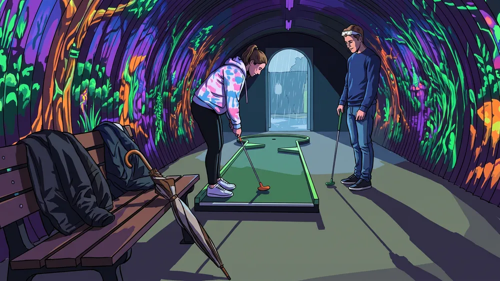 Schwarzlichtfabrik Würzburg – Zwei Personen spielen 3D-Minigolf unter Schwarzlicht, nasse Jacken und Schirm am Bahnrand