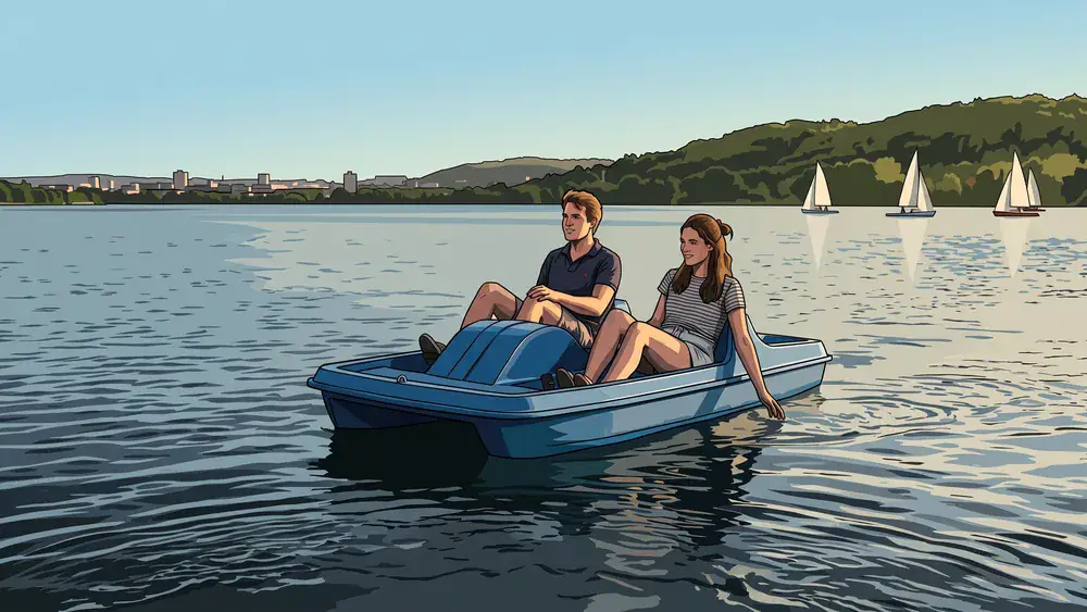 Pedalo auf dem Zürichsee – Paar auf dem Wasser vor der Stadtsilhouette