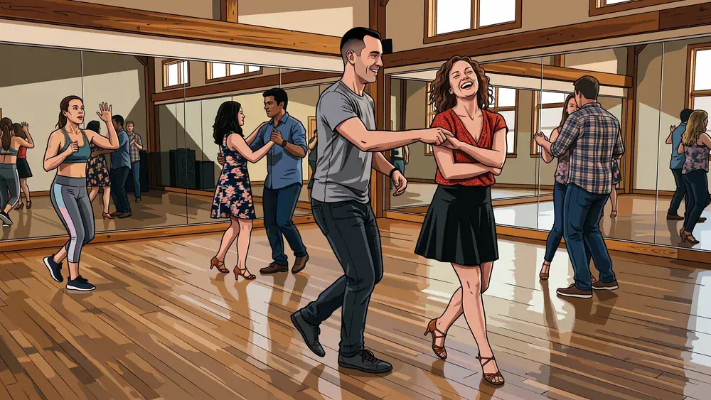 Tanzkurs in Zürich – Paar tanzt Salsa im Studio mit Spiegelwand