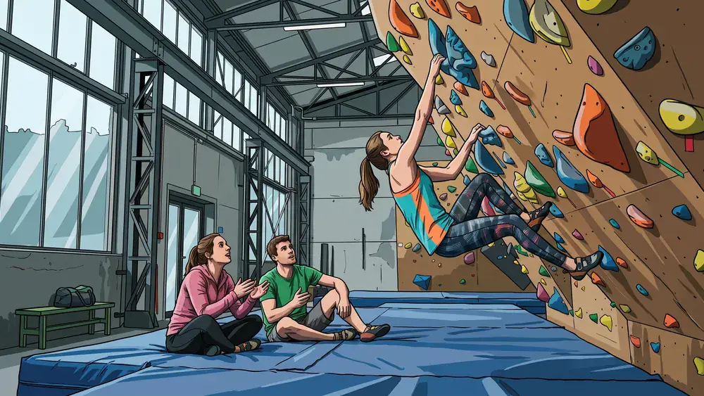 Bouldern in Zürich – Kletterin greift an der Überhangwand nach einem Griff
