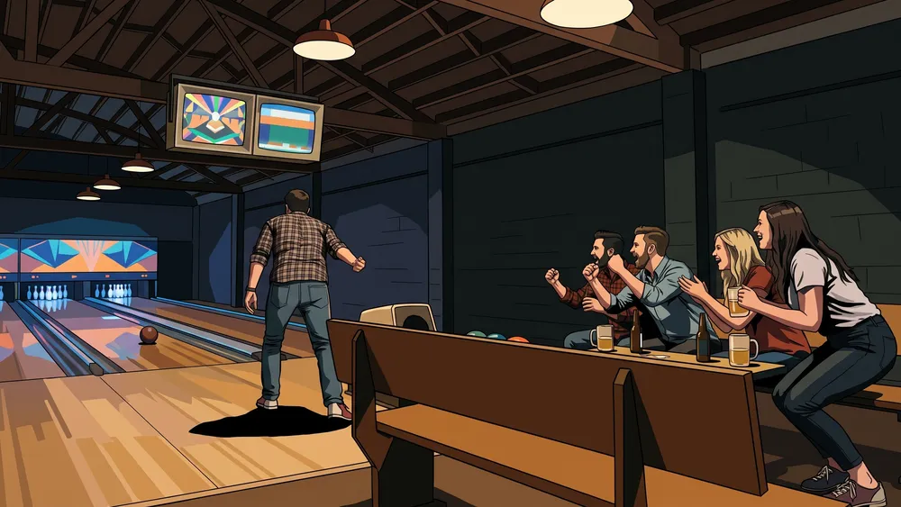 Bowling in Zürich – Gruppe an der Bahn, ein Spieler hat gerade die Kugel losgelassen