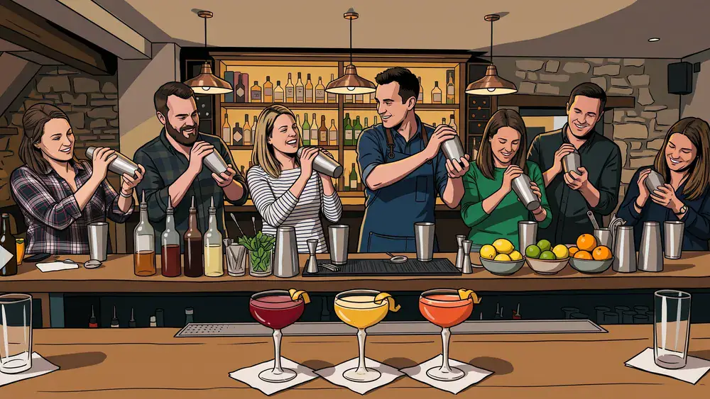 Cocktailkurs in Zürich – Gruppe schüttelt hinter der Bar eigene Cocktails