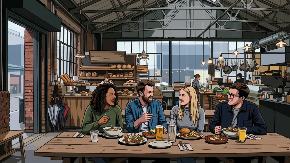 Markthalle BRIDGE in Zürich – Freunde essen an einem langen Tisch in der Halle