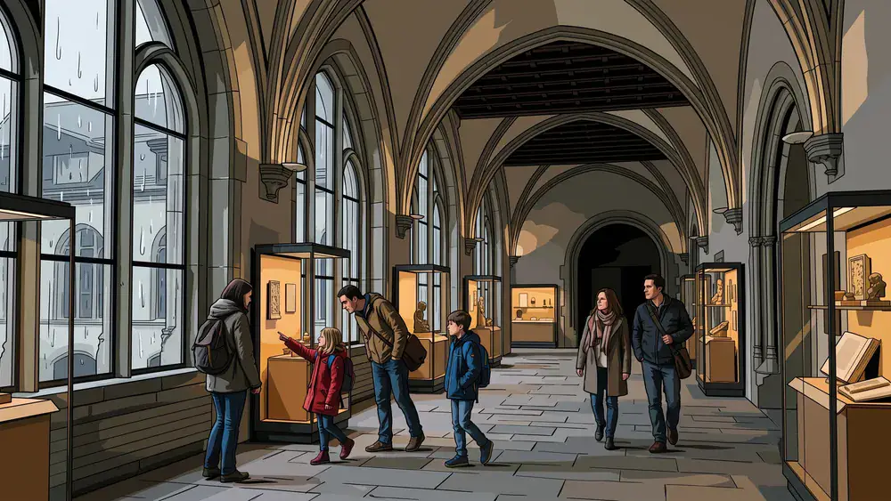 Landesmuseum Zürich – Besucher in der Ausstellungshalle des Schlossbaus