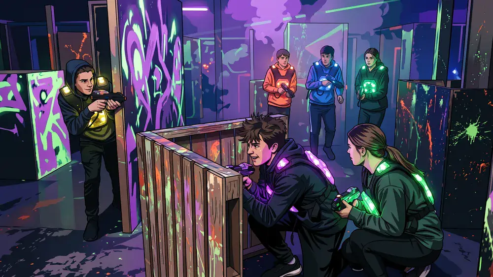 Lasertag in Zürich – Gruppe in leuchtenden Westen in der neonbeleuchteten Arena