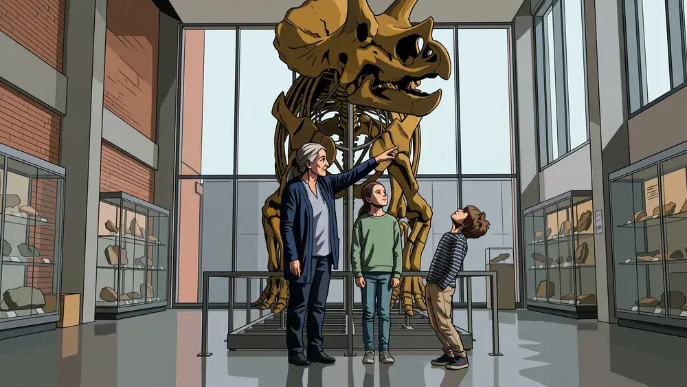 Naturhistorisches Museum Zürich – Kinder und Grossmutter vor einem Dinosaurierskelett