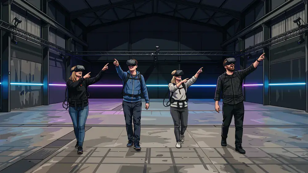 Virtual Reality in Zürich – Gruppe mit VR-Brillen bewegt sich frei durch die Arena
