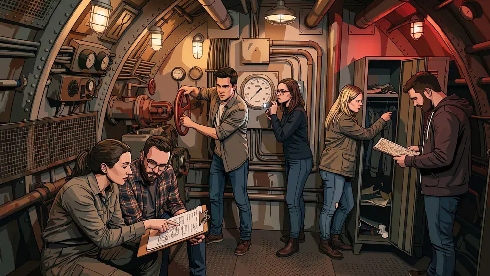 Escape Room in Zürich – Team löst Rätsel in einem U-Boot-Raum