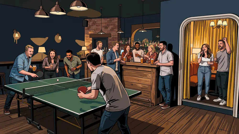 Firmenanlass in Zürich – Team spielt Ping Pong, andere singen im Karaokeraum