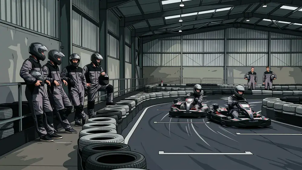 Kartbahn bei Zürich – zwei Karts in der Kurve, Team wartet in der Boxengasse