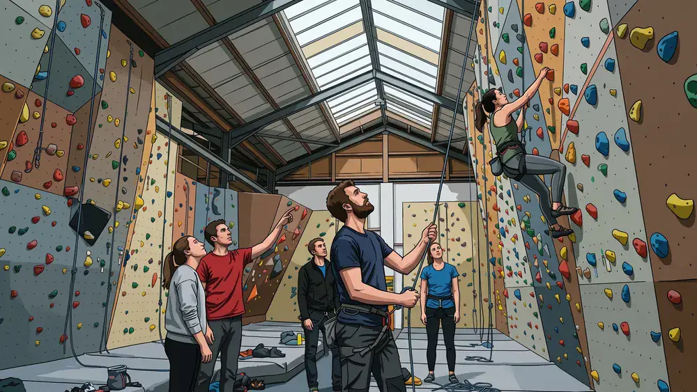 Kletterhalle bei Zürich – Kollege sichert am Seil, das Team schaut von unten zu
