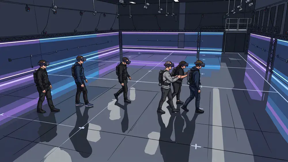 VR-Arena bei Zürich – Team bewegt sich mit Headsets durch die freie Halle