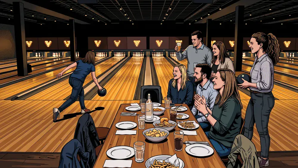 Bowling als Weihnachtsfeier in Zürich – zwei Bahnen im Einsatz, Team am Tisch dahinter