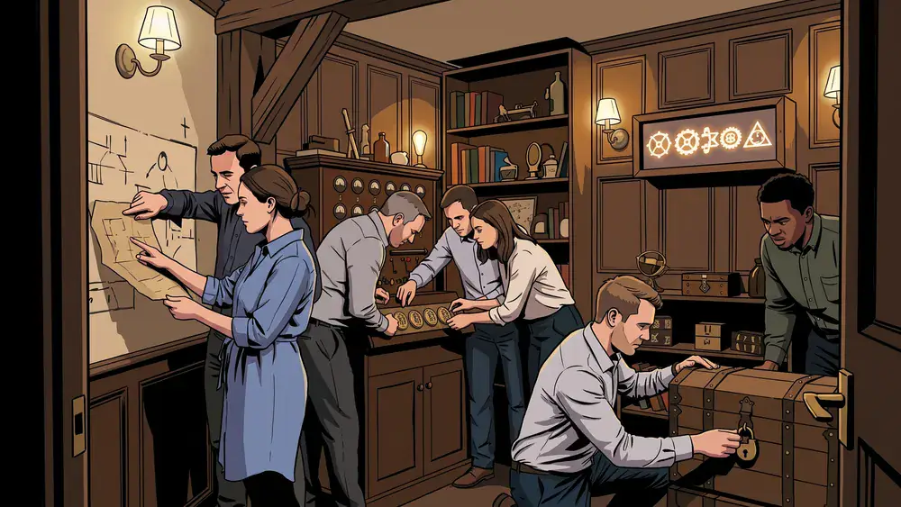 Escape Room als Firmenanlass in Zürich – fünf Kolleginnen und Kollegen lösen ein Rätsel