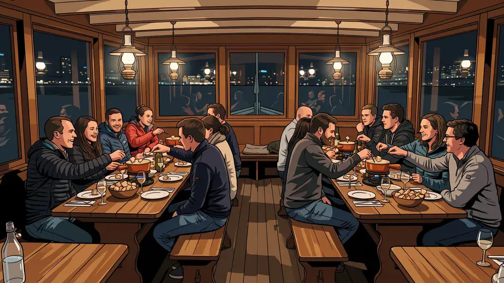 Fondue-Schiff auf dem Zürichsee – Kolleginnen und Kollegen essen Fondue an langen Tischen im Schiffssalon
