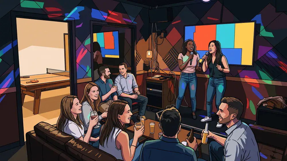 Karaoke in Zürich – Team singt im abgetrennten Karaokeraum, andere sitzen auf Sofas