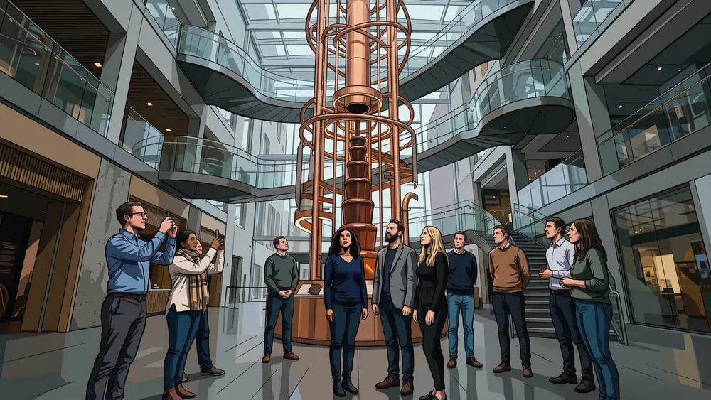 Lindt Home of Chocolate – Gruppe steht um den grossen Schokoladenbrunnen im Atrium